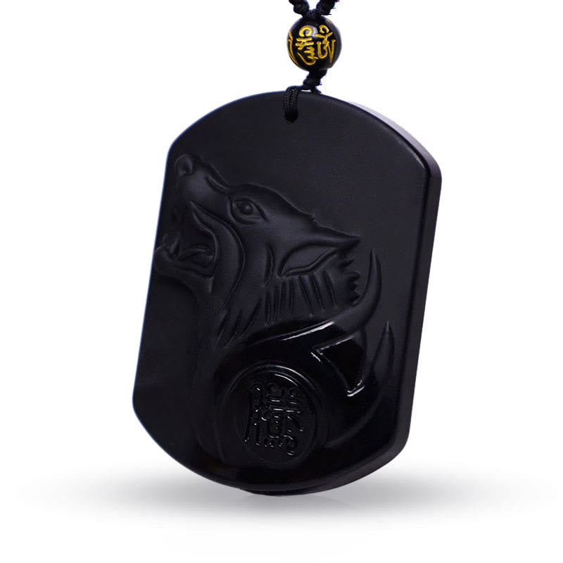 Buddha Stones Black Obsidian Stone Wolf Purification Pendant Necklace