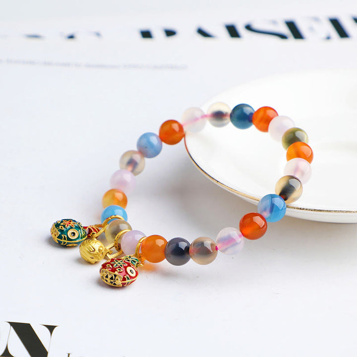 Buddha Stones Colorful Candy Agate Gold Swallowing Beast Family Peach Harmony Charm Bracelet