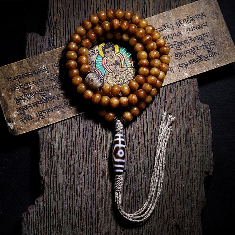 Buddha Stones Tibet 108 Mala Beads Yak Bone Three-eyed Dzi Bead Keep Away Evil Spirits Bracelet