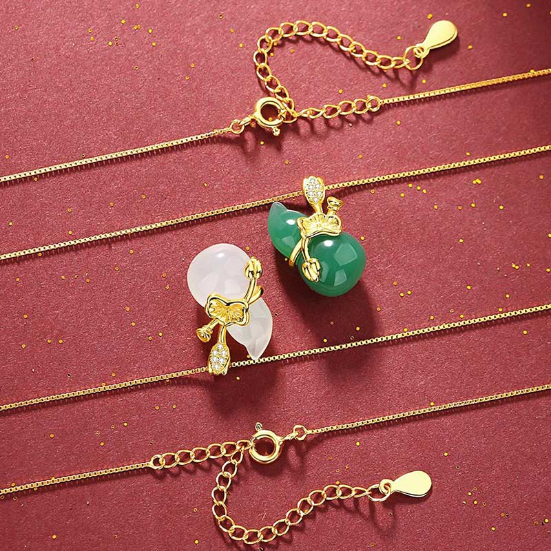 Buddha Stones Cyan Jade Gourd Lotus Leaf Abundance Pendant Necklace