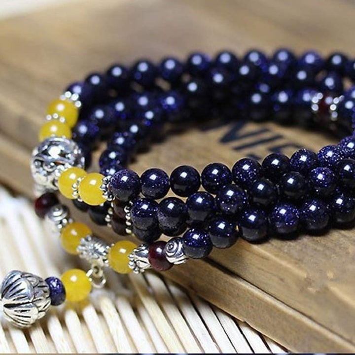 Buddha Stones Blue Sandstone Wealth Charm Bracelet Mala