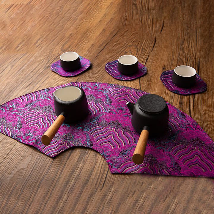 Buddha Stones Vintage Sea Wave Bamboo Plum Blossom Embroidered Cup Mat Pad Tea Cup Coaster Kung Fu Tea Mat