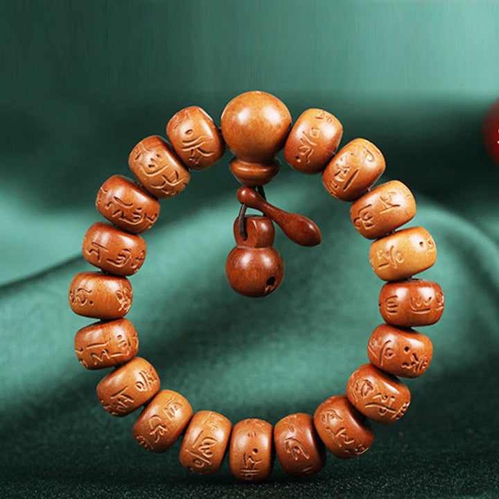 Buddha Stones Natural Tibetan Peach Wood Om Mani Padme Hum Engraved Ward Off Evil Spirits Bracelet