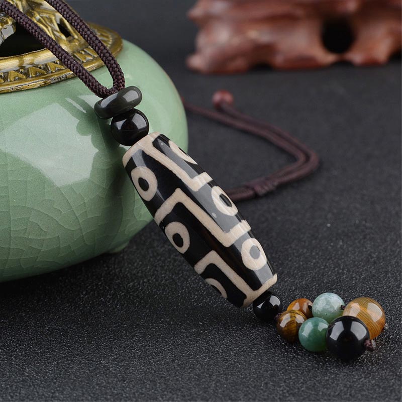 Buddha Stones Nine-Eye Dzi Bead Wealth Protection Necklace