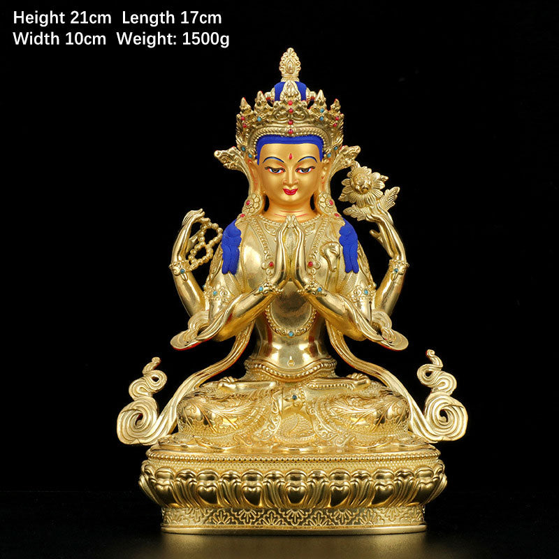 Chenrezig Four-armed Avalokitesvara Protection Copper Gold Plated Statue Decoration