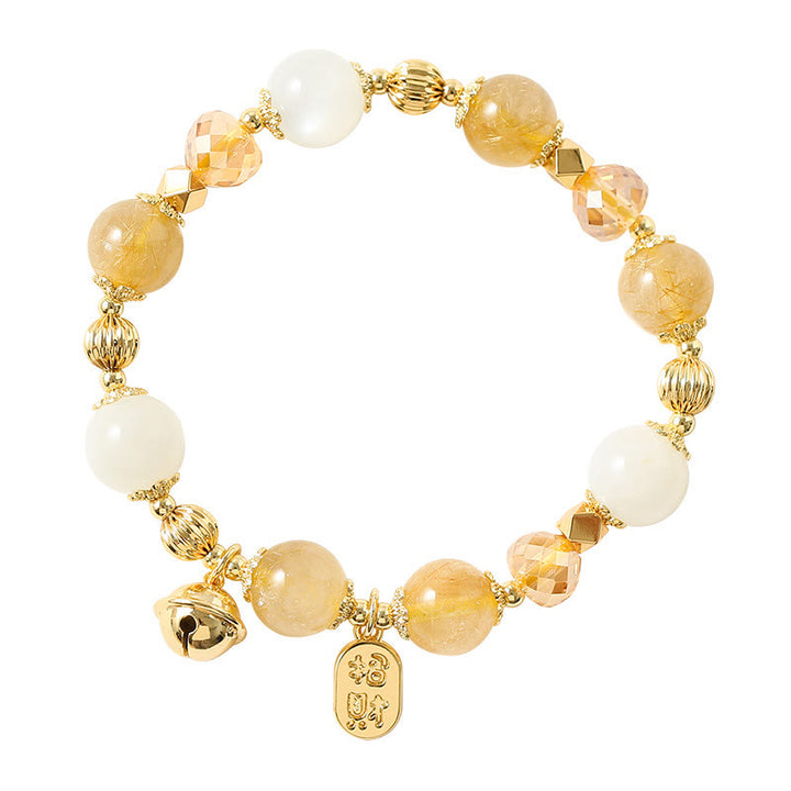 Buddha Stones 14K Gold Plated Golden Rutilated Quartz Wealth Bell Lucky Fortune Charm Bracelet