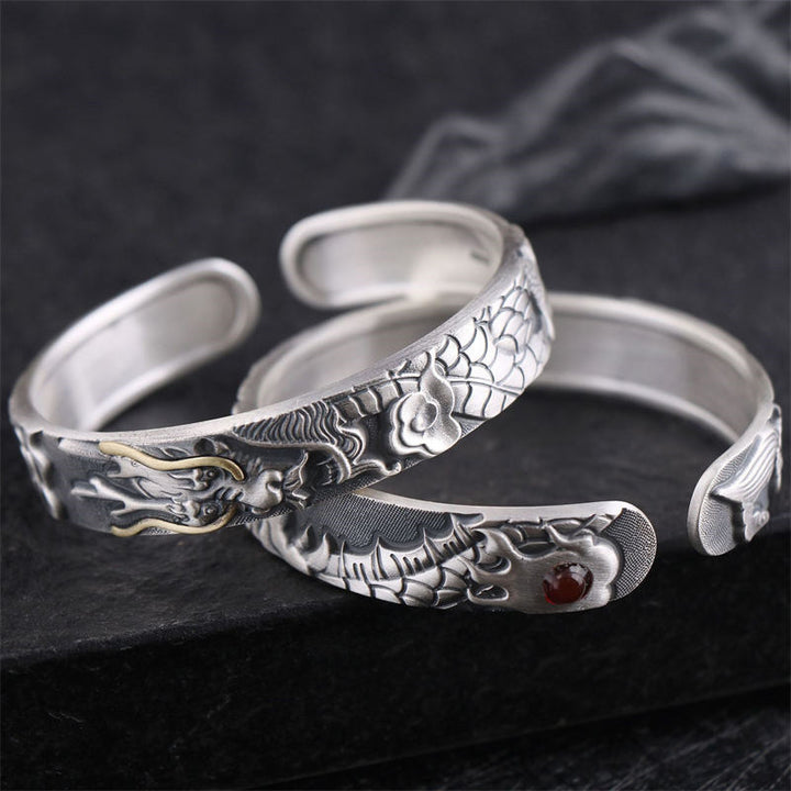 Buddha Stones 999 Sterling Silver Dragon Strength Protection Bracelet Bangle