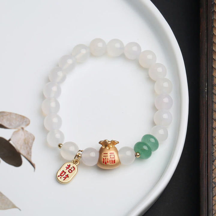 Buddha Stones Natural White Agate Red Agate Money Bag Fu Character Four Leaf Clover Protection Bracelet