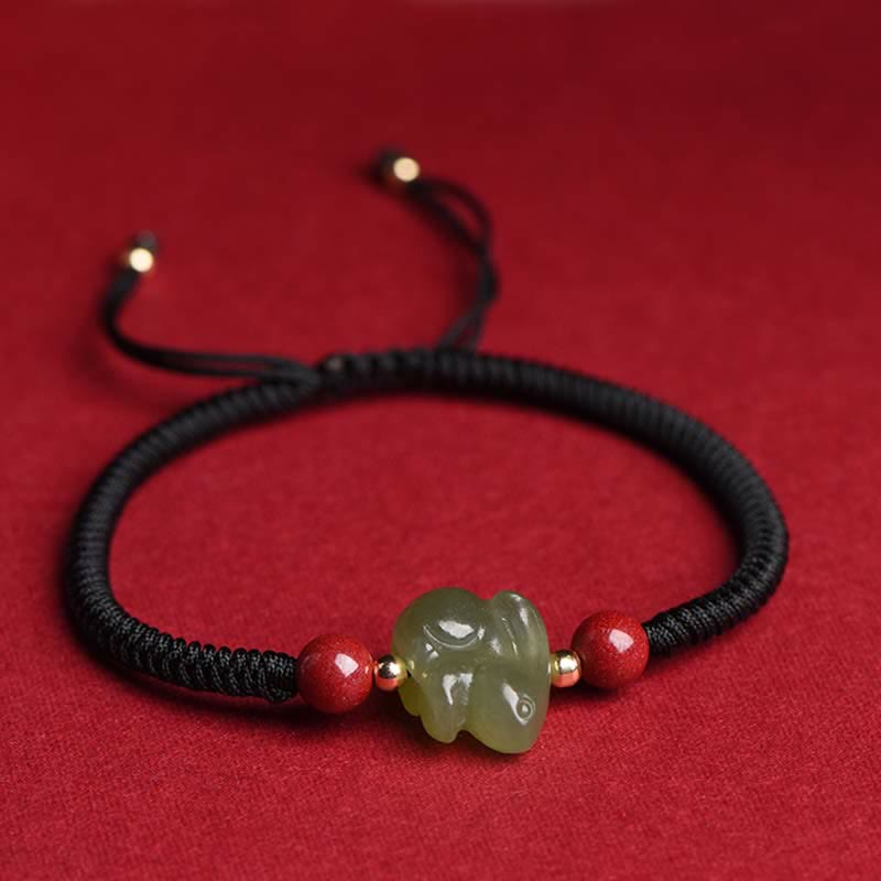 Year of the Rabbit Hetian Jade Bunny Cinnabar Beaded Abundance String Bracelet