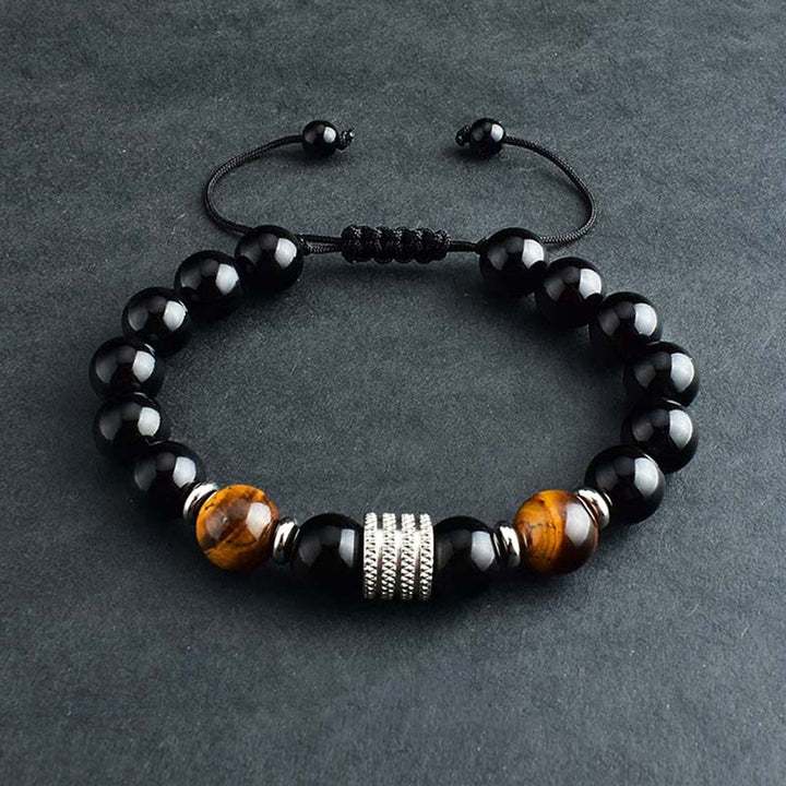 Buddha Stones Natural Black Obsidian Tiger Eye Strength Fulfillment Bracelet