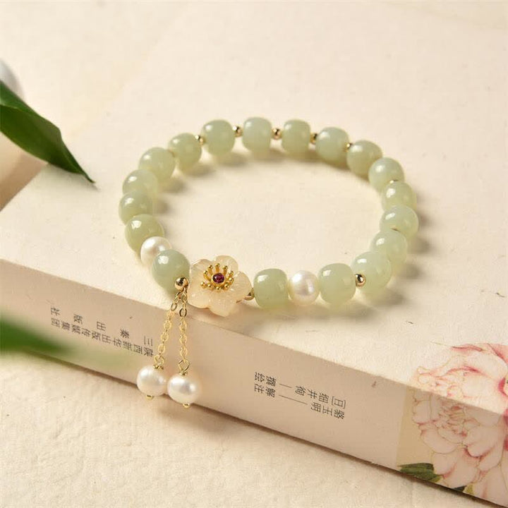 Hetian Jade Flower Pearl Happiness Abundance Bracelet