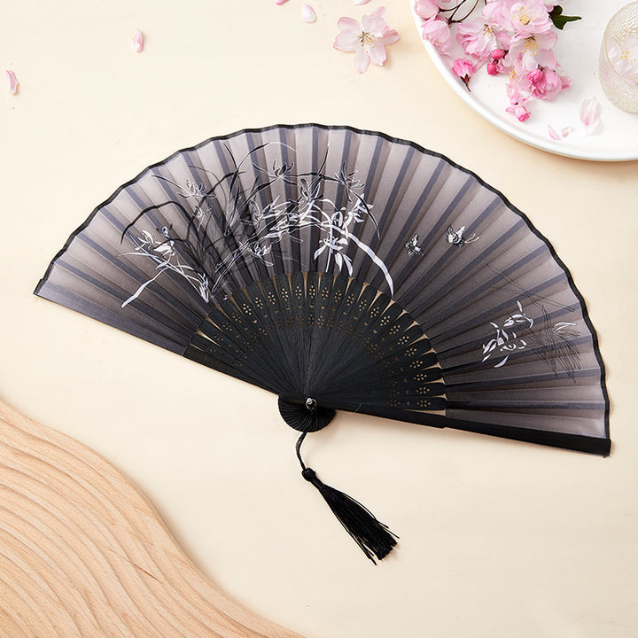 Buddha Stones Crane Peach Blossoms Persimmon Orchid Butterfly Bamboo Handheld Bamboo Folding Fan 21cm