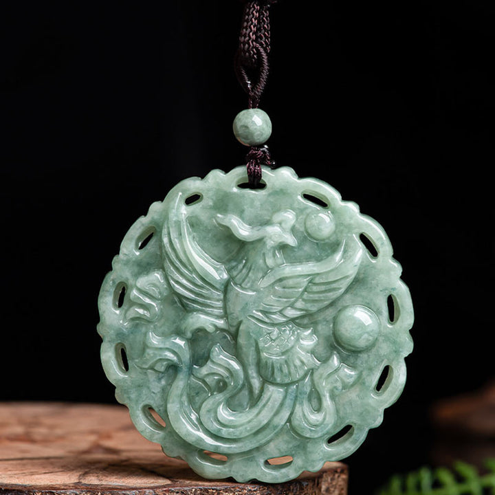 Buddha Stones Chinese Zodiac Dragon Phoenix Round Jade Luck Necklace String Pendant