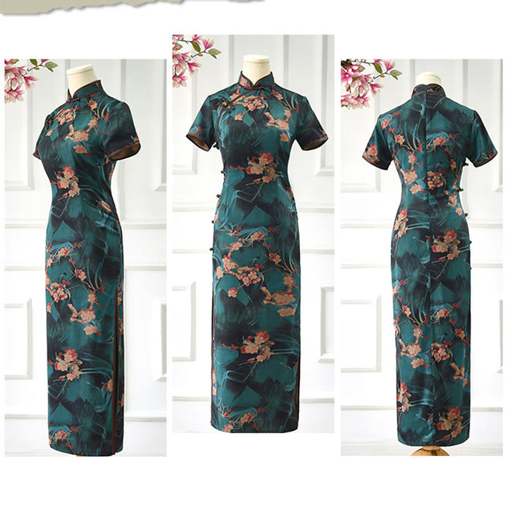 Buddha Stones Vintage Pink Flowers Print Cheongsam Dress Women's Qipao Dress