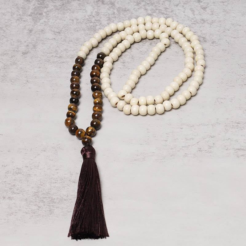 Buddha Stones Semi-Precious Gem Stones Wood Bead Necklace Multicolor Tassel Charms Chain Necklace