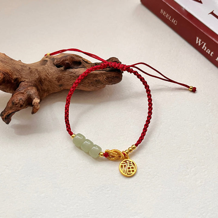 Buddha Stones Handcrafted Jade Bead Fu Character Charm Luck Red Rope Bracelet