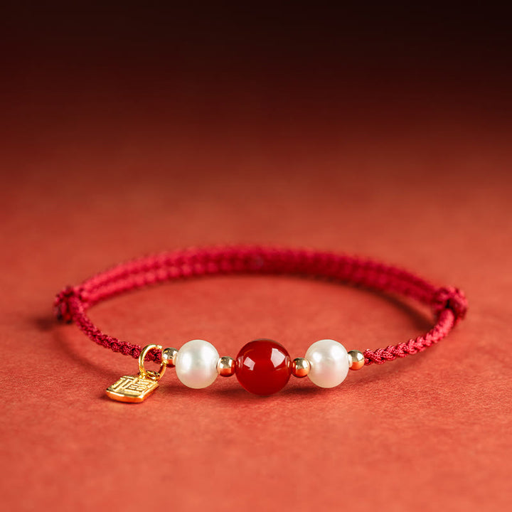 Buddha Stones 925 Sterling Silver Good Fortune Fu Character Agate Pearl Red String Braid Bracelet