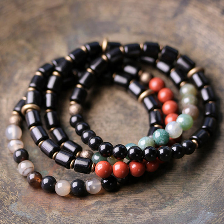 Buddha Stones Ebony Wood Red Jasper Moss Agate Crystal Copper Peace Couple Bracelet