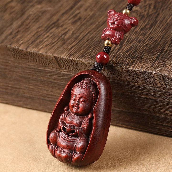 Buddha Stones Small Leaf Red Sandalwood Buddha Cinnabar Chinese Zodiac Amulet Protection Key Chain