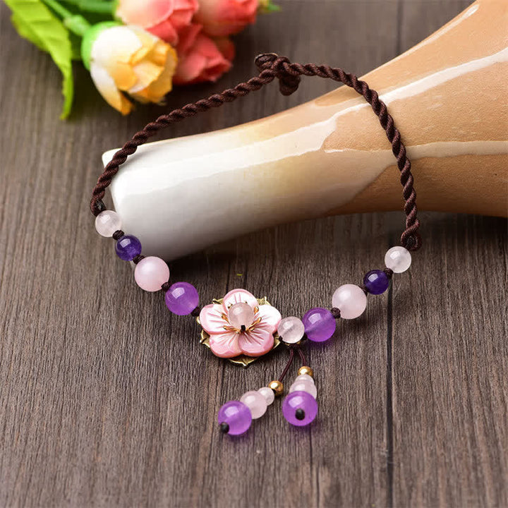 Buddha Stones Natural Amethyst Rose Quartz Crystal Charm Lucky Healing Anklet