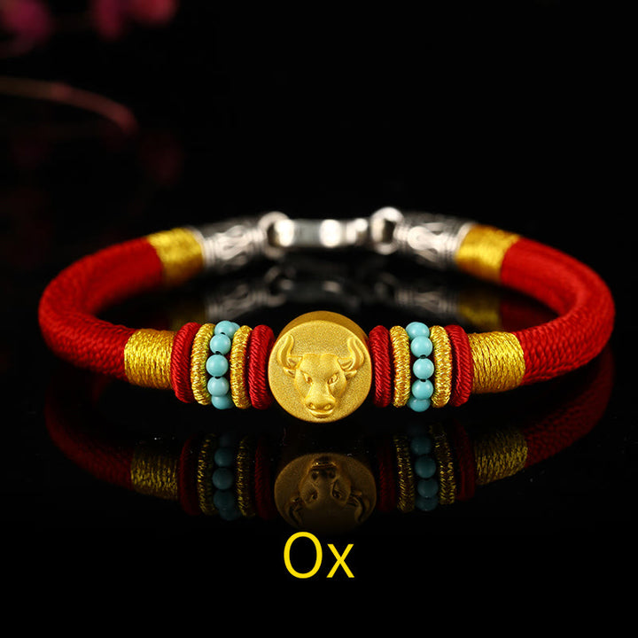 Buddha Stones 999 Gold Chinese Zodiac Om Mani Padme Hum King Kong Knot Protection Handcrafted Bracelet