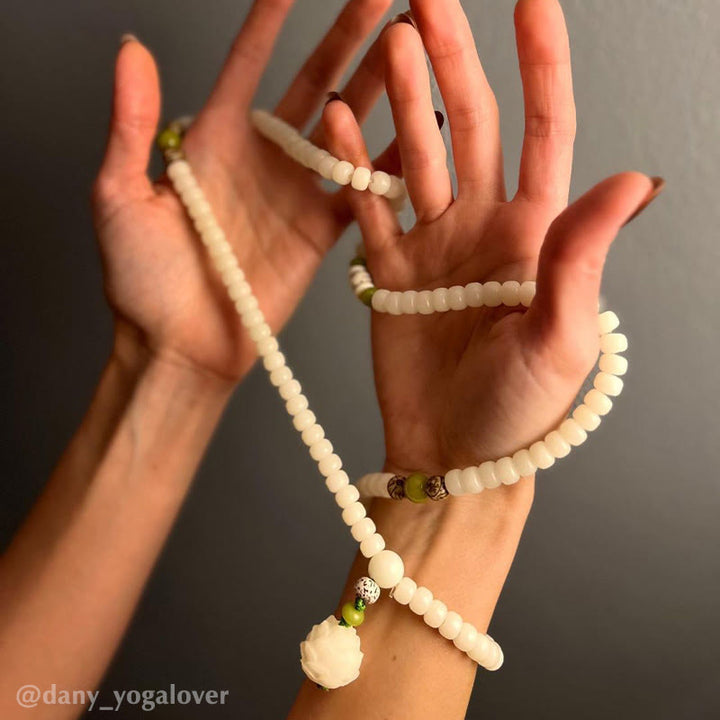 Buddha Stones White Jade Bodhi Lotus Mala Harmony Necklace Bracelet