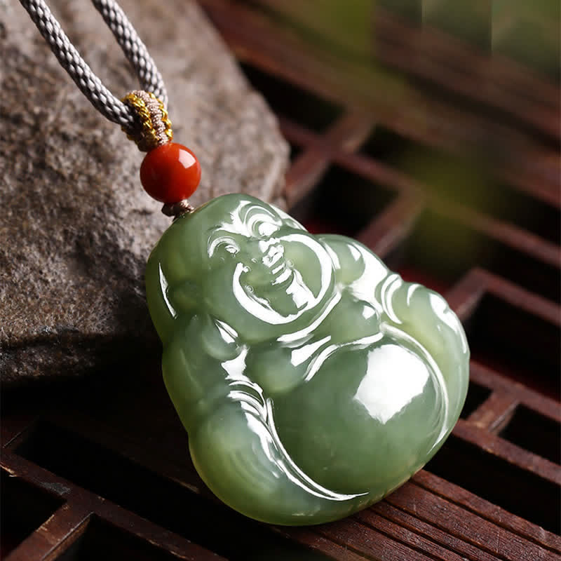 Laughing Buddha Hetian Jade Abundance Necklace String Pendant