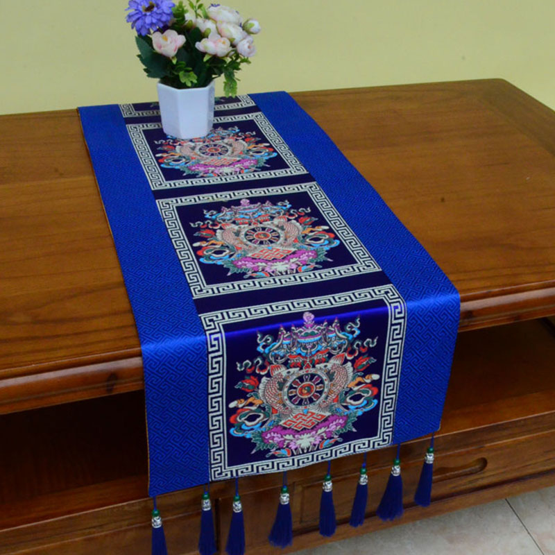 Prayer Altar Mat Man-Bcu Kalachakra Endless Knot Vajra Tibetan Auspicious Symbols Tassels Table Runner