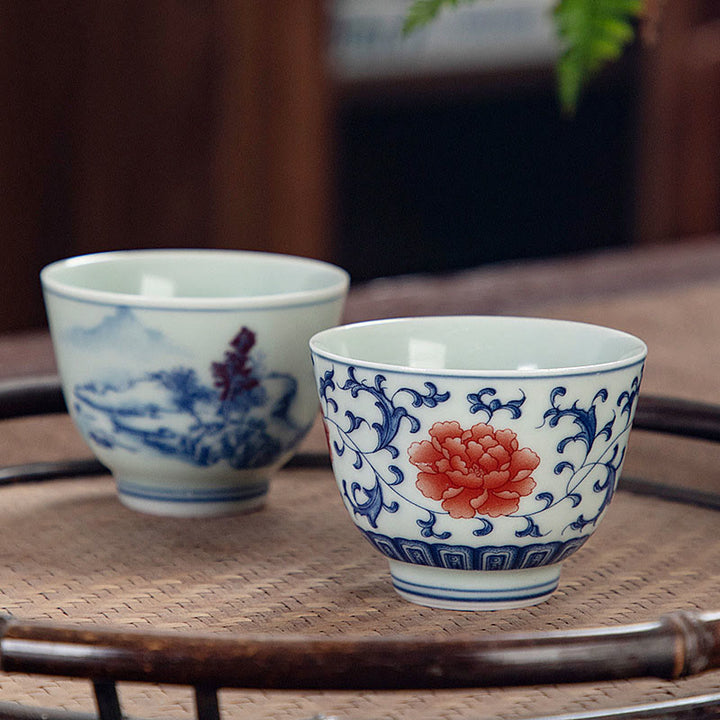 Buddha Stones Blue Landscape Mountains Lotus Cute Cat Pavilions Magnolia Reed Egrets Ceramic Teacup Small Kung Fu Tea Cup