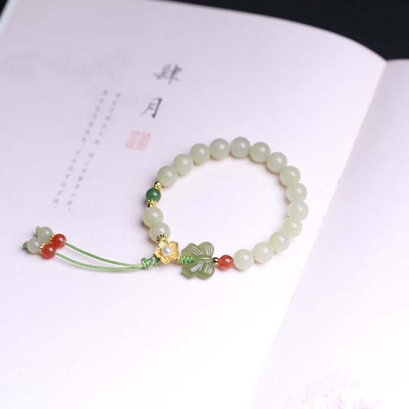 Buddha Stones 925 Sterling Silver Jade Luck Flower Butterfly Bracelet