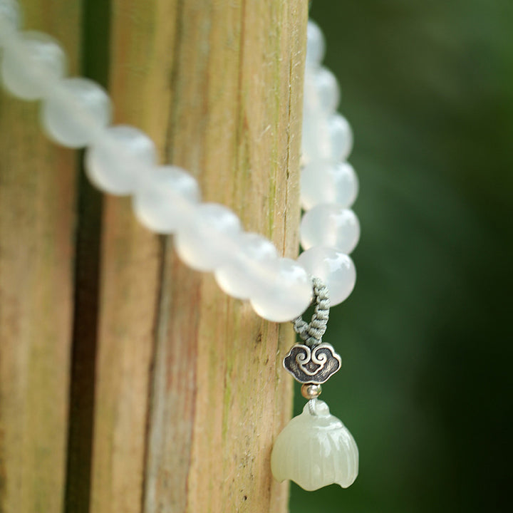 White Agate Jade Lotus Protection Bracelet