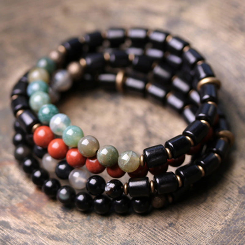 Buddha Stones Ebony Wood Red Jasper Moss Agate Crystal Copper Peace Couple Bracelet