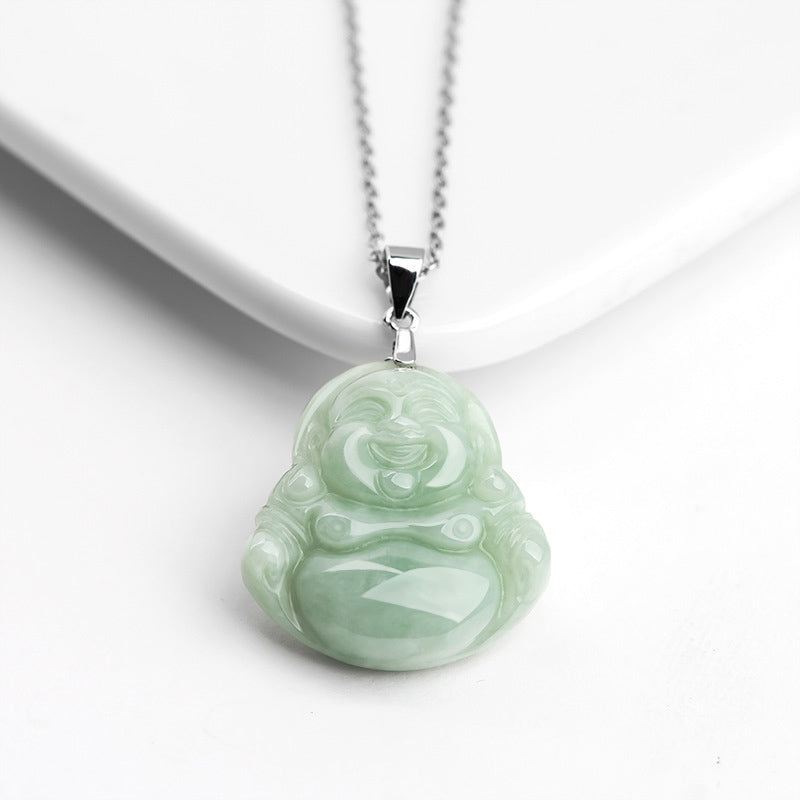 Buddha Stones 925 Sterling Silver Laughing Buddha Jade Blessing Necklace Chain Pendant