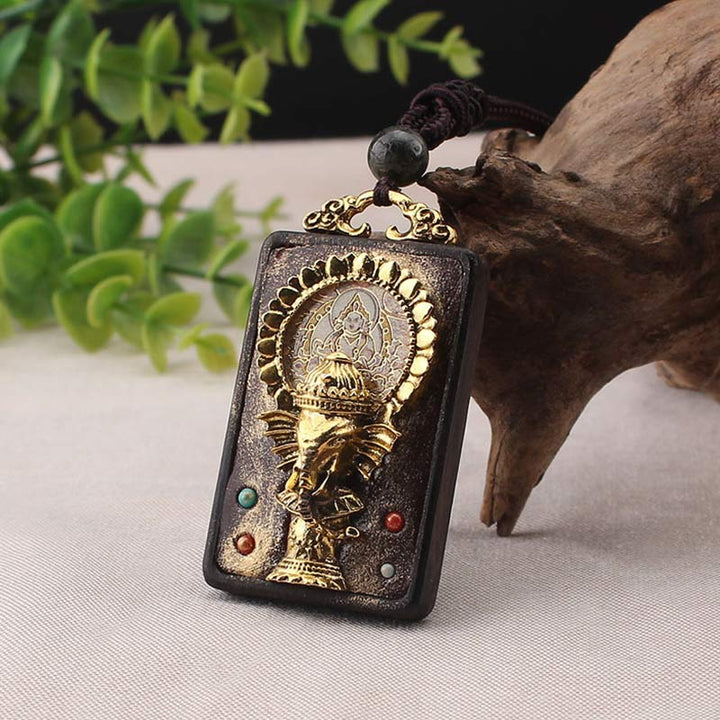 Ebony Wood Elephant God of Fortune Buddha Blessing Necklace String Pendant