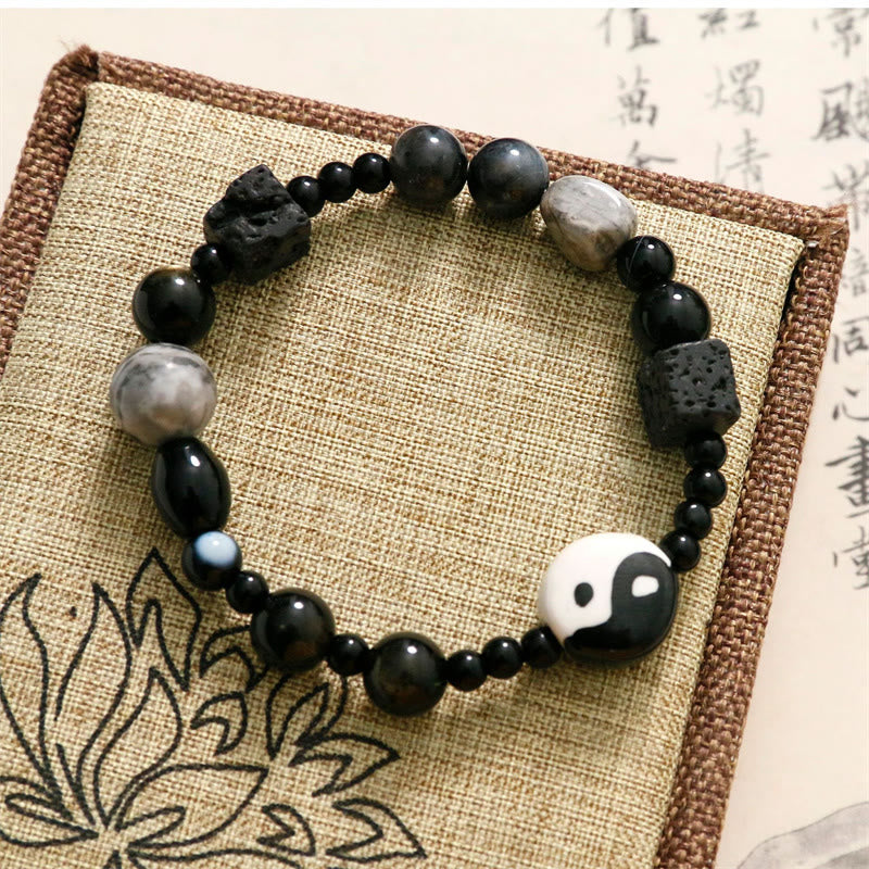 Buddha Stones Black Onyx Picasso Jasper Bead Yin Yang Fortune Protection Bracelet