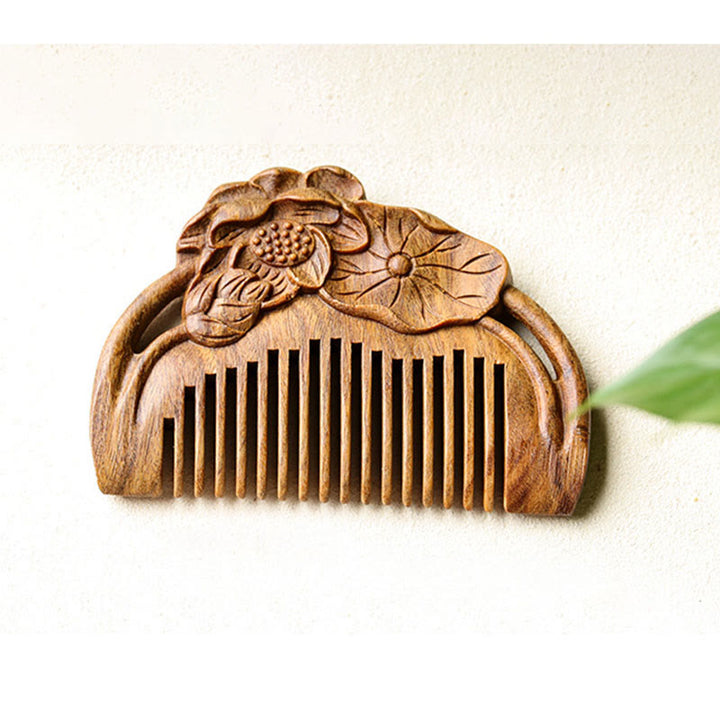 Natural Green Sandalwood Lotus Flower Leaf Engraved Soothing Comb