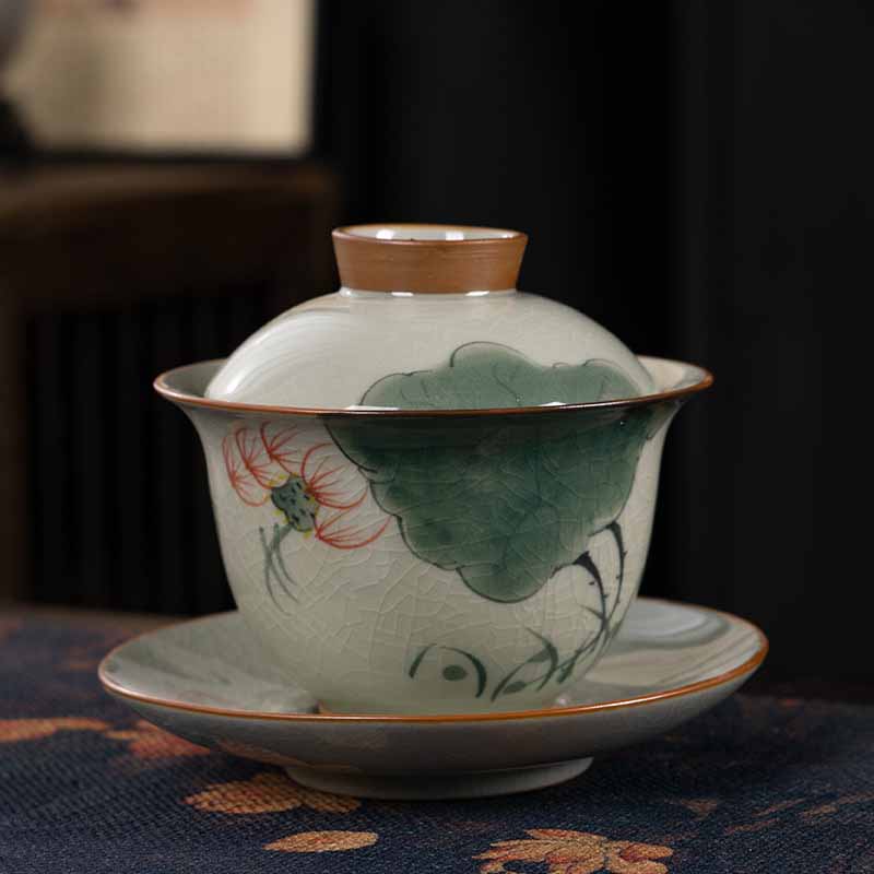 Buddha Stones Lotus Koi Fish Pod Leaf Ceramic Gaiwan Sancai Teacup Kung Fu Tea Cup And Saucer With Lid 140ml