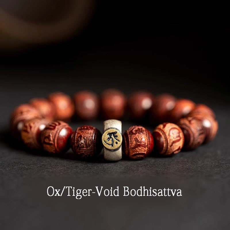 Buddha Stones Chinese Zodiac Natal Buddha Small Leaf Red Sandalwood Om Mani Padme Hum Protection Bracelet