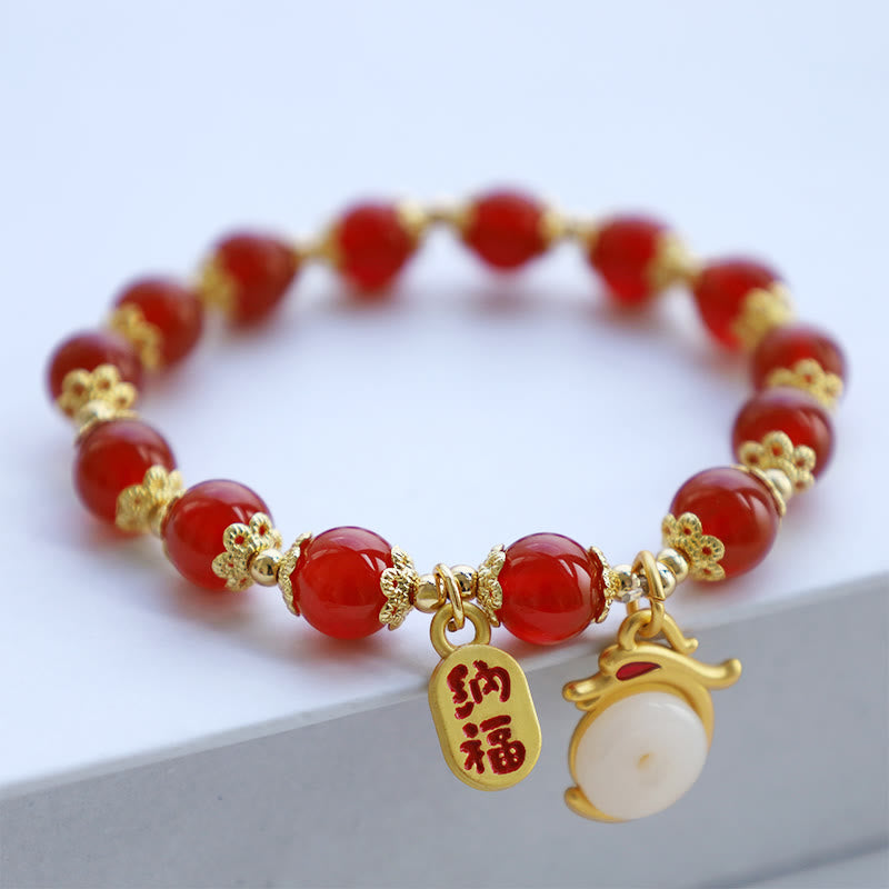 Buddha Stones Year of the Dragon Red Agate Green Aventurine Peace Buckle Fu Character Lucky Fortune Bracelet