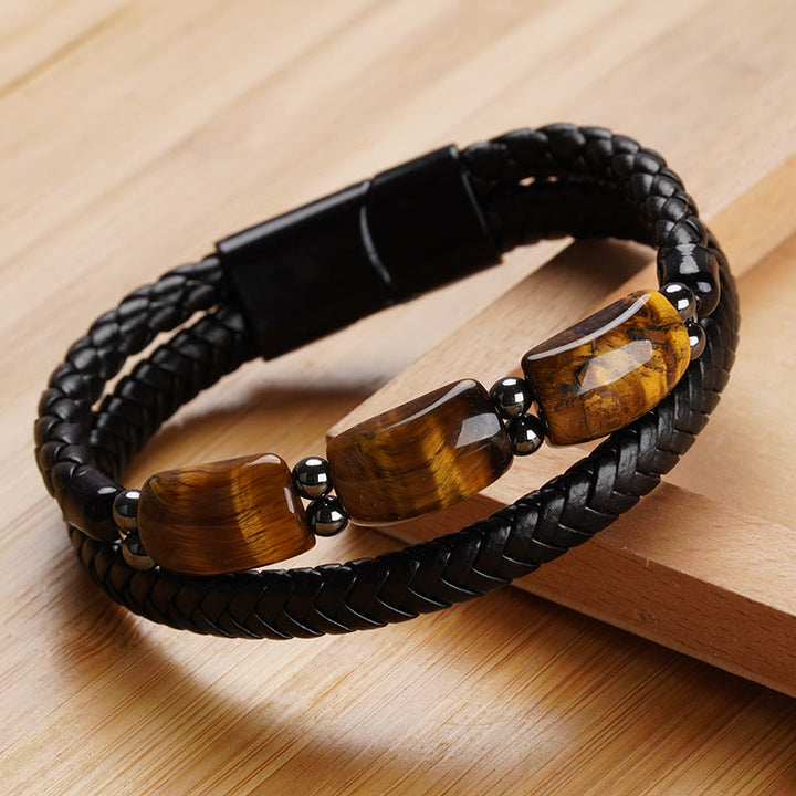 Buddha Stones Natural Tiger Eye Protection Willpower Magnetic Buckle Leather Bracelet