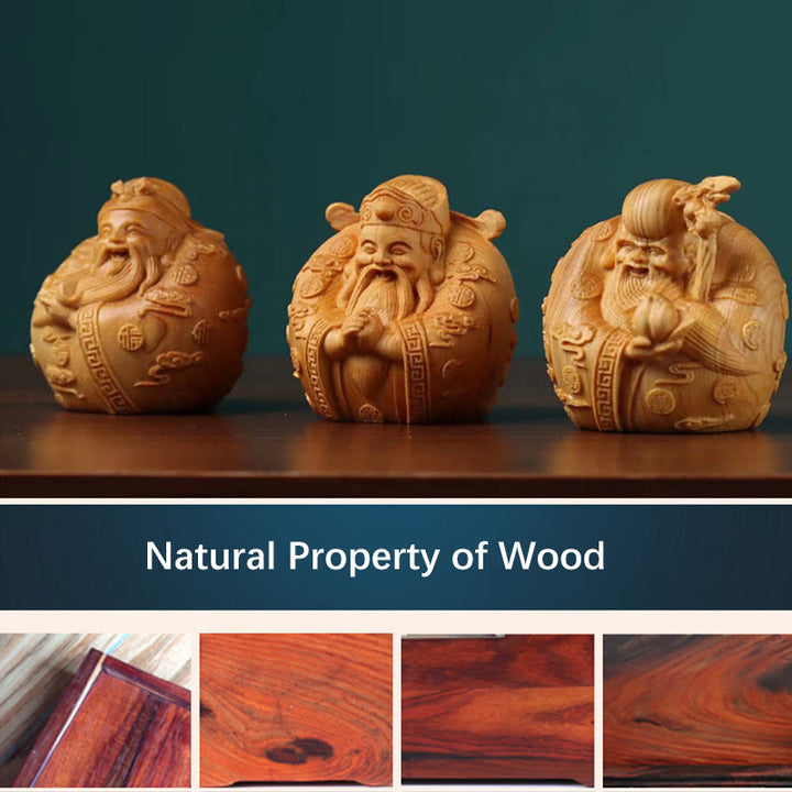 Buddha Stones Handcrafted FengShui Mini Three Stars Tsai Shen Thuja Sutchuenensis Wood Prosperity Decoration