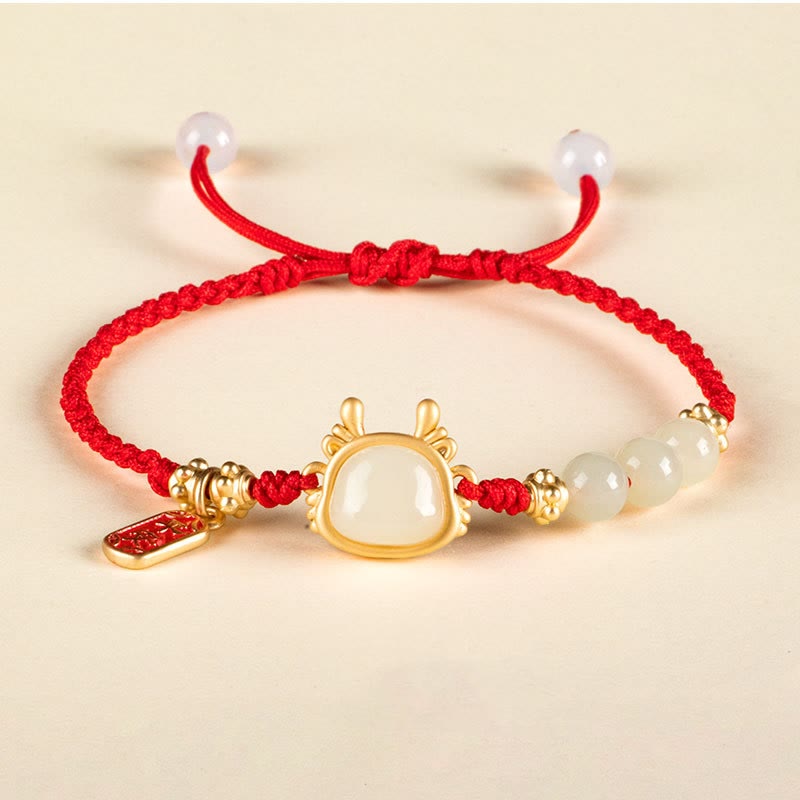 Buddha Stones Year of the Dragon Hetian White Jade Fu Character Peace And Joy Protection Bracelet