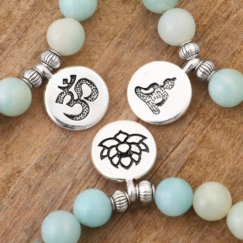 Buddha Stones Natural Pink Crystal Amazonite Lotus Buddha OM Symbol Warmth Bracelet