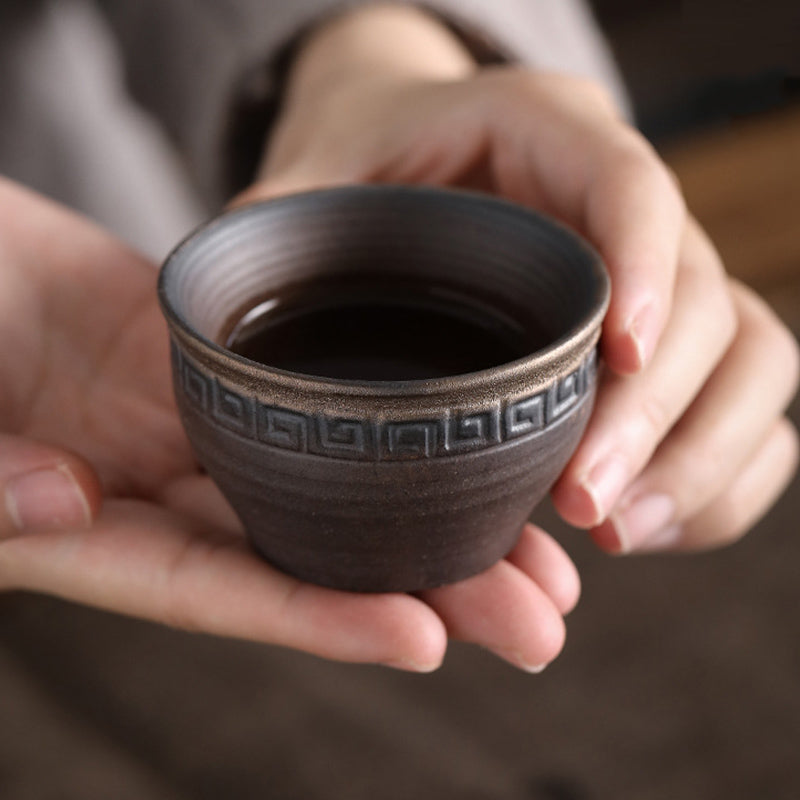 Buddha Stones Simple Brown Striped Texture Ceramic Teacup Kung Fu Tea Cup Bowl