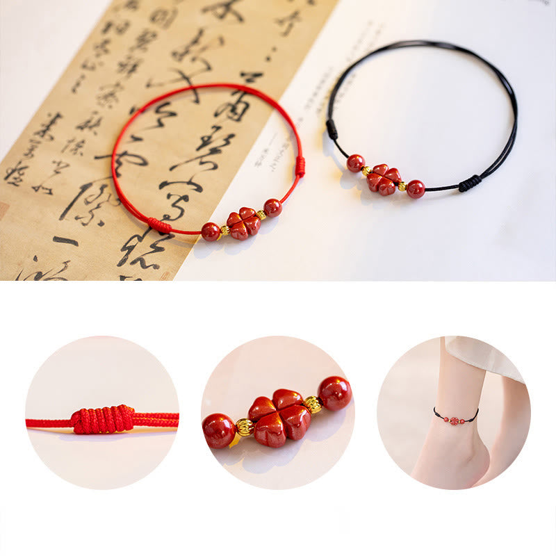 Buddha Stones Four Leaf Clover Cinnabar Blessing Calm String Bracelet Anklet