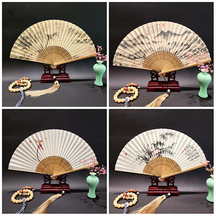 Buddha Stones A Panorama Of Rivers And Mountains Cranes Orchid Flower Paper Bamboo Handheld Silk Bamboo Folding Fan 22cm