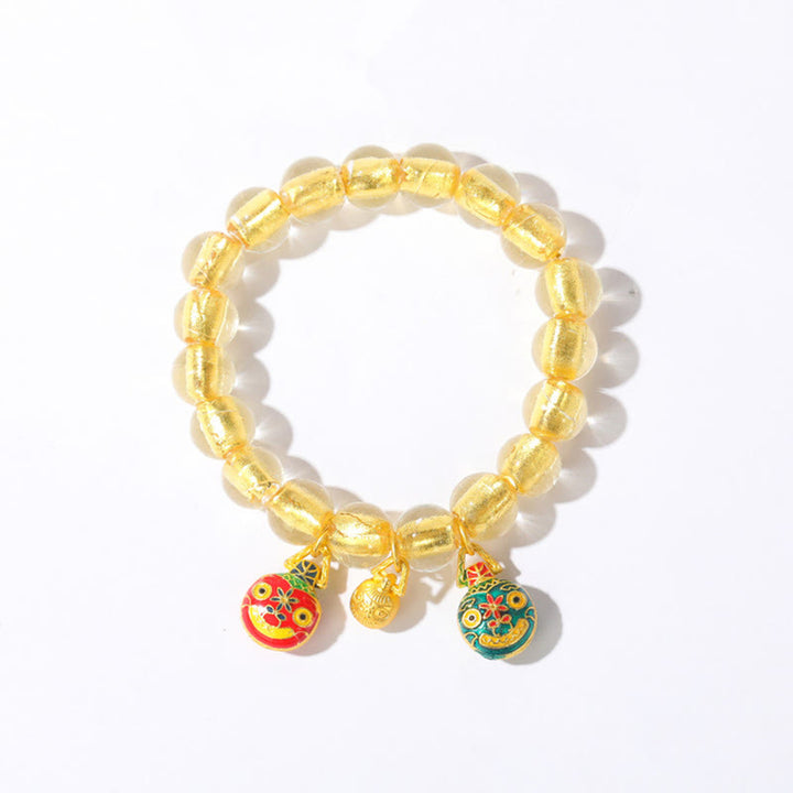 Buddha Stones Gold Swallowing Beast Family Charm Gold Foil Liuli Glass Bead Fortune Bracelet