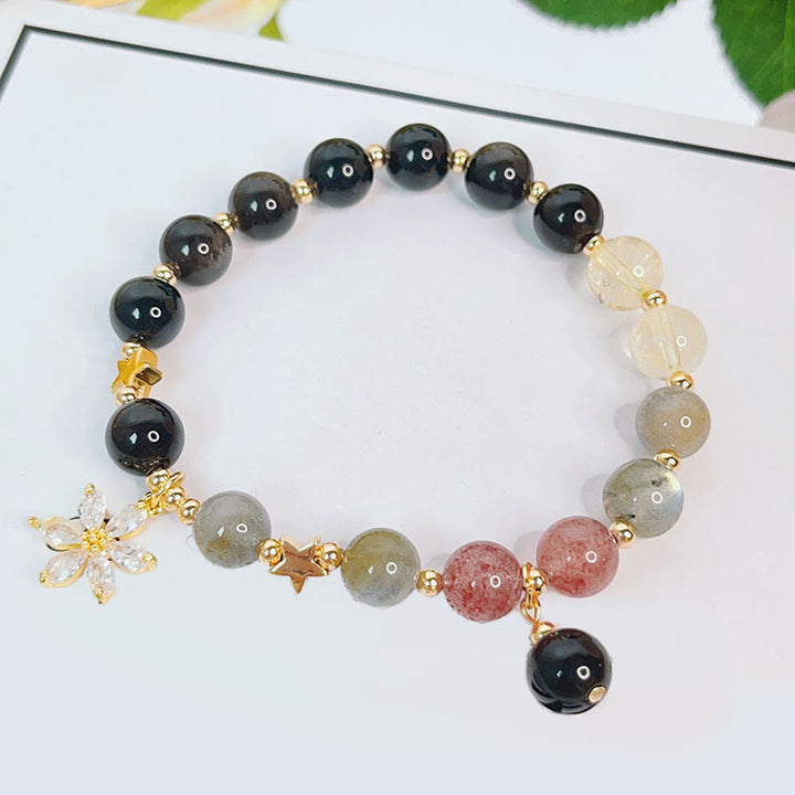 Buddha Stones Natural Silver Sheen Obsidian Love Heart Star Flower Protection Bracelet