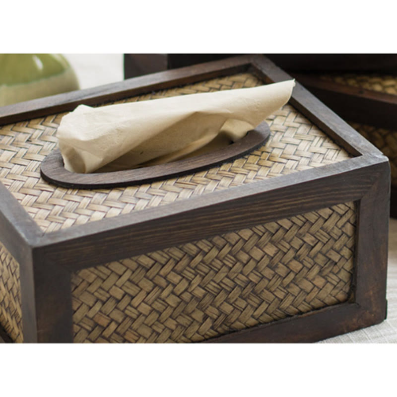 Handmade Bamboo Woven Wood Tissue Box Wooden Tissue Holder Wipes Boxes Decoration