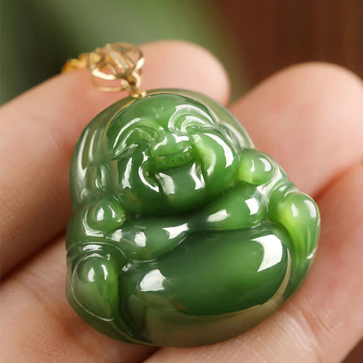 925 Sterling Silver Laughing Buddha Hetian Cyan Jade 18K Gold Success Necklace Chain Pendant